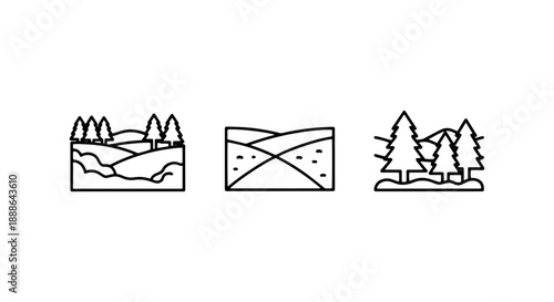 Set of simple line art icons representing different landscapes: hilly terrain, fields, and forests.