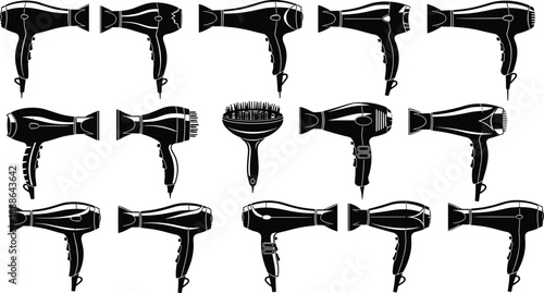 Hair dryer silhouettes set, electric blow dryer styling tools collection, beauty salon equipment, professional hairstyling concept, black white illustration