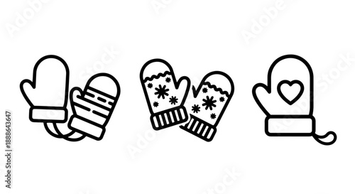 Set of simple line art icons featuring mittens and gloves for winter warmth and fashion.