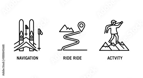 Simple line art icons for outdoor activities: skiing, navigation, and hiking on mountains.