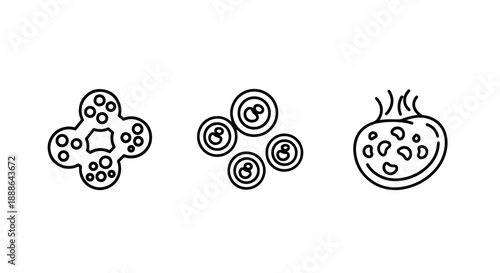 Abstract line art icons resembling cells, molecules, or floral patterns.