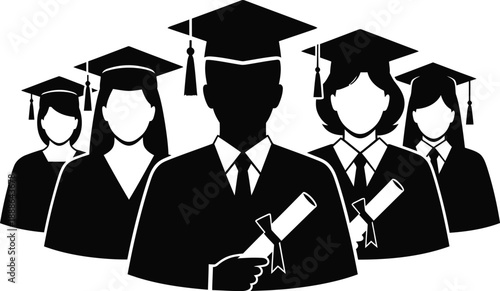 Group of diverse graduates in academic gowns and caps holding diplomas facing camera