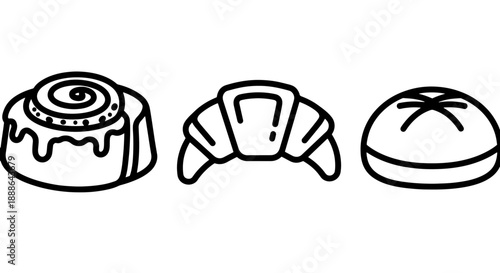 Simple line art icons of baked goods: cinnamon roll, croissant, and bun, perfect for food blogs.