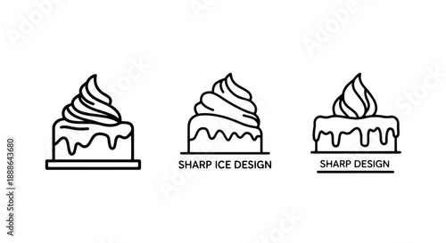 Stylized outline icons representing desserts: soft serve ice cream, cake, and a pastry.