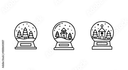 Festive line art icons of snow globes with miniature winter scenes, houses, and trees, perfect for holiday decorations.