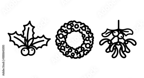Festive line art icons of holly, a wreath, and mistletoe, symbolizing Christmas and winter celebrations.