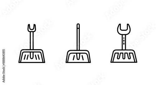 Minimalist line art icons of brooms and dustpans, representing cleaning tools and housekeeping.