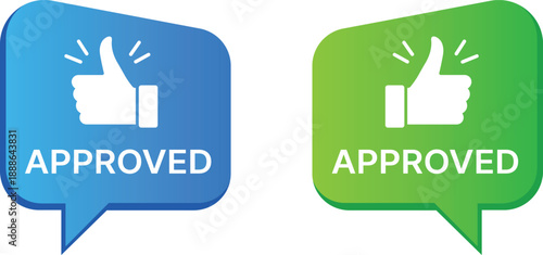 Blue and green speech bubbles with white thumbs up and approved text