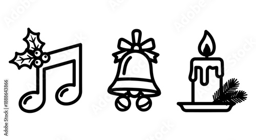 Festive Christmas icons: holly musical note, jingle bell with bow, and lit candle with pine branch, for holiday music, celebrations, and decor.