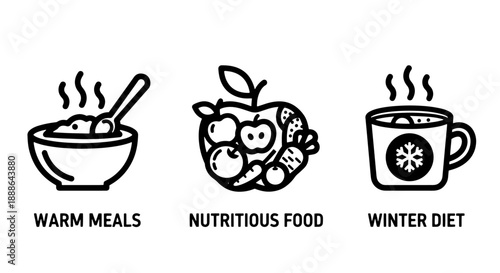 Healthy winter eating icons: warm porridge bowl, nutritious fruit and vegetable mix, and hot cocoa mug for balanced seasonal diets and wellbeing.