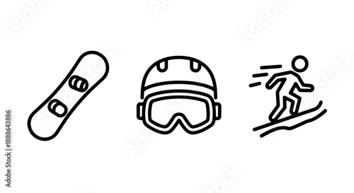 Snowboarding gear and action icons: snowboard, goggles and helmet, and skier on a slope, perfect for winter sports and extreme activity promotions.