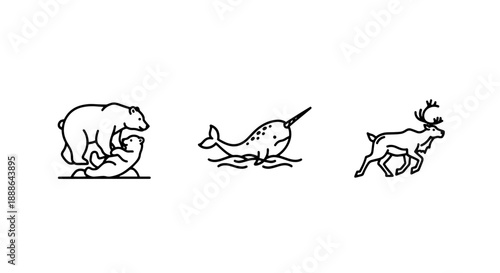 Arctic animal icons: polar bear with cub, narwhal in water, and reindeer in snow, illustrating cold climate wildlife and northern ecosystems.