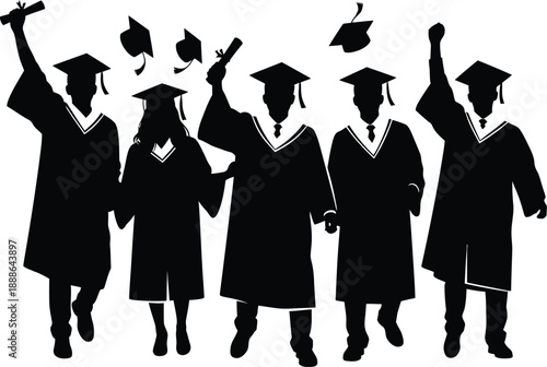 Silhouette group of graduated students celebrating together with diplomas and caps in air against transparent background