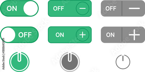 Green and gray toggle switches and power buttons in on and off states