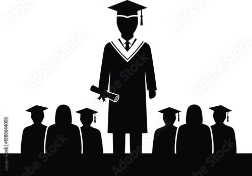 Graduate speaker silhouette standing in front of students crowd during university commencement ceremony