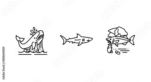 Marine Predator Icons: Whale, Shark, and a Fish Caught on a Hook, Illustrating Ocean Food Chain