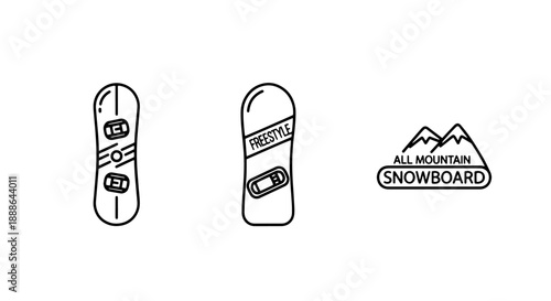 Snowboard Icons: Freestyle and All-Mountain Snowboards and Mountain Silhouette for Winter Sports
