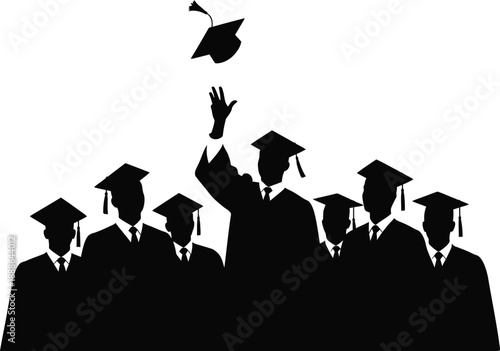 Students throwing graduation caps, group of happy graduates celebrating ceremony, academic success, achievement vector silhouette