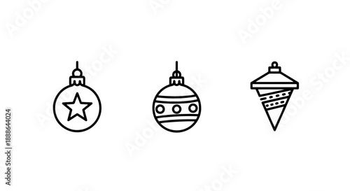 Festive Christmas Bauble Icons: Star, Striped Ball, and Ornate Ornament for Holiday Decoration