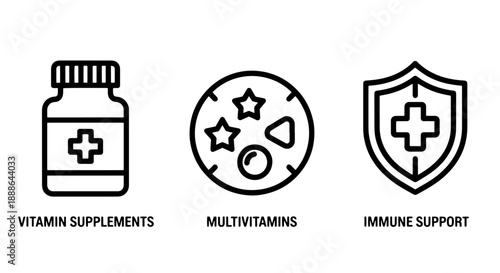 Icons for health supplements: vitamin bottle, multivitamin capsule, and immune support shield