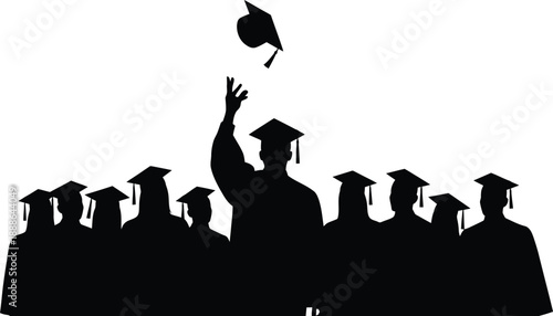 Happy graduates throwing caps, group of students celebrating graduation ceremony, academic success, achievement vector silhouette