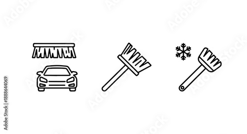 Car cleaning and winter care icons: car, brushes, and snowflake symbol