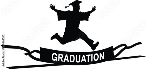 Silhouette of happy graduate jumping for joy over graduation banner, celebrating academic achievement with open arms