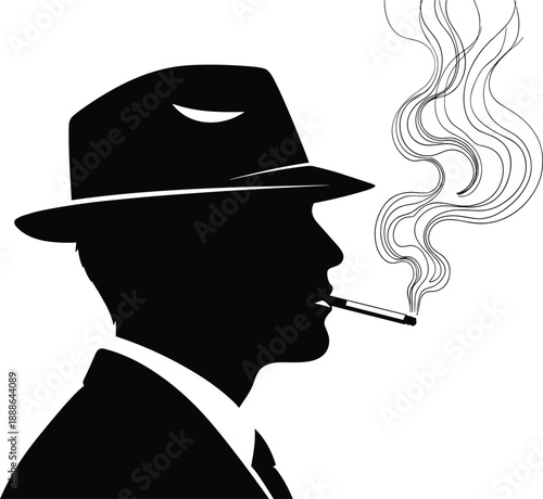 Smoking man silhouette illustration, vintage gentleman wearing hat with cigarette smoke, noir style portrait, addiction habit concept, black white artwork