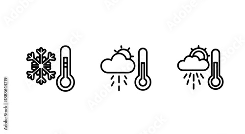 Icons representing cold weather and precipitation: snowflake, thermometer, cloud with rain, and snow, ideal for weather forecasts and seasonal themes.