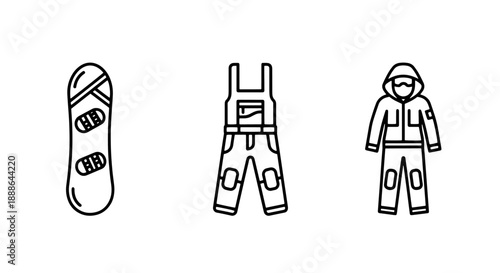 Outline icons for snowboarding gear: snowboard, overalls, and hooded jacket, perfect for winter sports and outdoor activity branding.