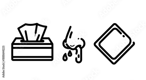 Simple line icons for cold symptoms: tissue box, runny nose, and pill, representing illness and relief for medical or health-related content.