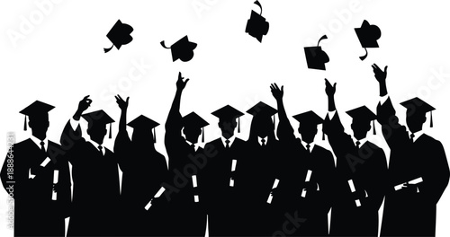 Large crowd of graduates holding diplomas and tossing caps in air celebrating university graduation achievement