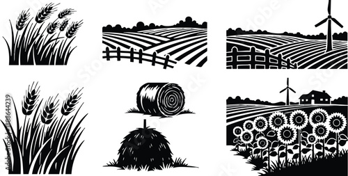 Silhouette farm landscape set showing close up wheat stalks hay bale sunflowers rolling fields fenced farmland wind turbine distant house aerial view bold vector art minimalist