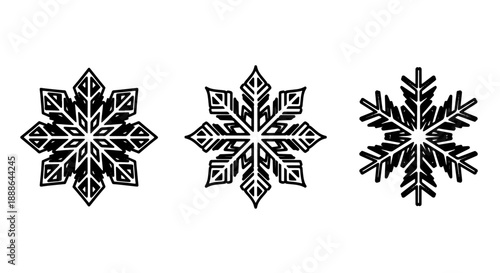 Stylized line art snowflakes in black and white, offering a decorative and versatile element for winter themes, Christmas, and frosty designs.