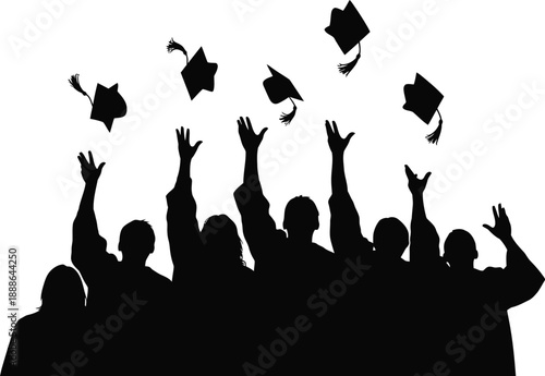Students in graduation gowns throwing academic caps in air silhouette vector illustration on transparent background