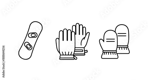 Winter sports apparel icons: snowboard, gloves, and mittens, essential elements for cold weather activities and outdoor adventure graphics.