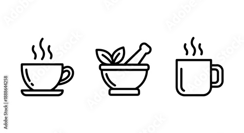 Icons representing hot beverages and herbal remedies: steaming coffee cup, mortar and pestle with leaves, and hot tea mug, ideal for cafes and wellness brands.