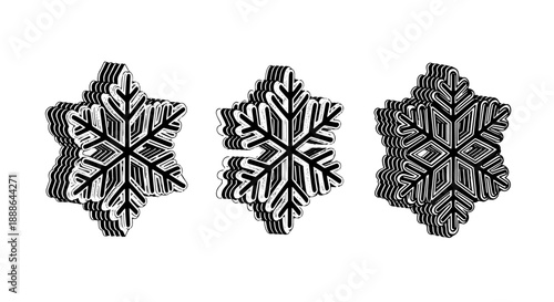 Layered, stylized line art snowflakes in black and white, creating a dimensional effect for winter, Christmas, and festive seasonal designs.
