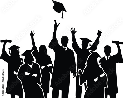Graduates students in cap and gown holding diplomas celebrating success silhouette vector illustration