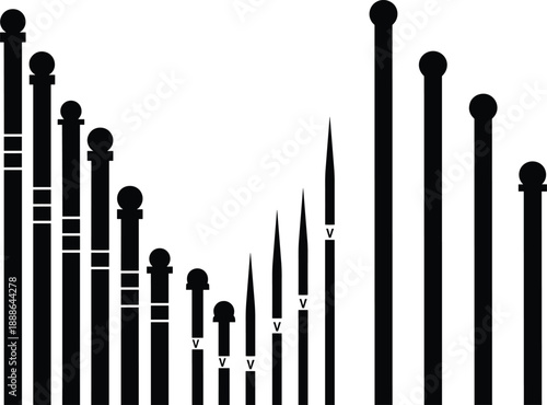 Statistical bar chart silhouettes showing data growth and decline, business analytics comparison, financial performance trends, infographic visualization concept, black white illustration