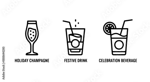 Cheers! Line icons for celebration drinks: champagne flute, festive cocktail, and lemon drink, perfect for party invitations and event announcements.