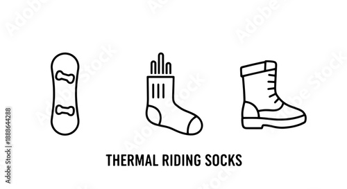 Winter apparel icons for extreme sports: snowboard, thermal socks, and riding boots, essential gear for cold weather adventures and activities.