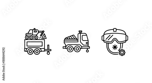 Winter service and safety icons: snow plow truck, utility vehicle, and ski helmet with goggles, representing snow removal, maintenance, and winter sports gear.