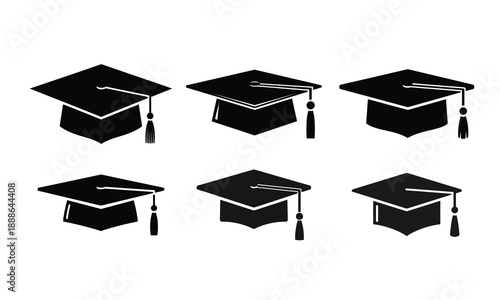 Set of six graduation caps or mortarboards with tassels isolated on white background