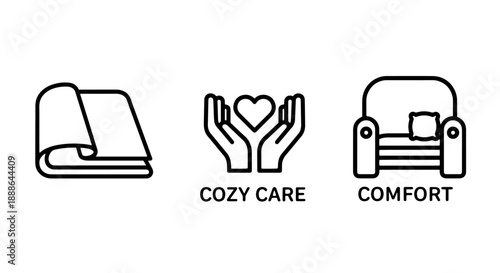 Cozy comfort icons: a folded blanket, hands holding a heart, and a plush armchair, suggesting warmth and relaxation.