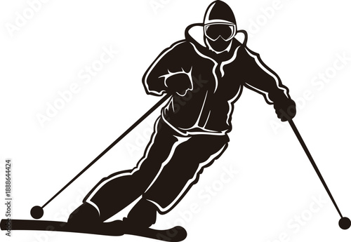 Skier Silhouette Illustration - Downhill Skiing Athlete Action on White Background.