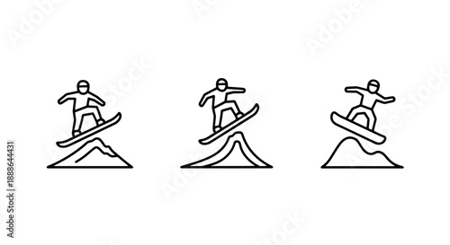 Snowboarding action icons showing athletes performing tricks and jumps on snowy mountain slopes.