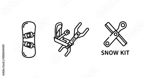 Snowboard equipment icons: a snowboard, bindings, and a tool for setup or repair.