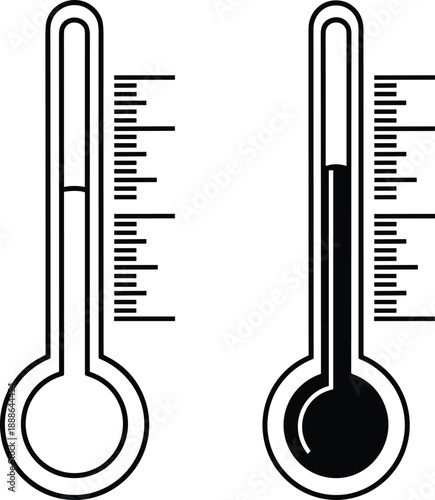 Thermometer temperature comparison icon, hot and cold measurement scale, climate change concept, weather forecast symbol, minimal black white illustration