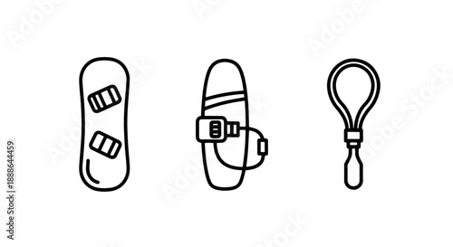 Snowboard accessories icons: a snowboard, bindings, and a leash or strap.